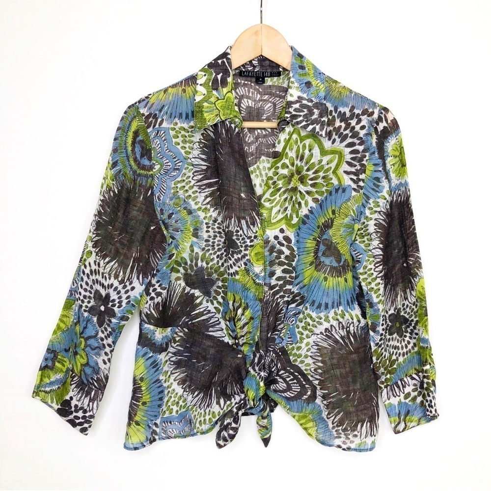 Lafayette 148 linen floral, tie, and button down shirt